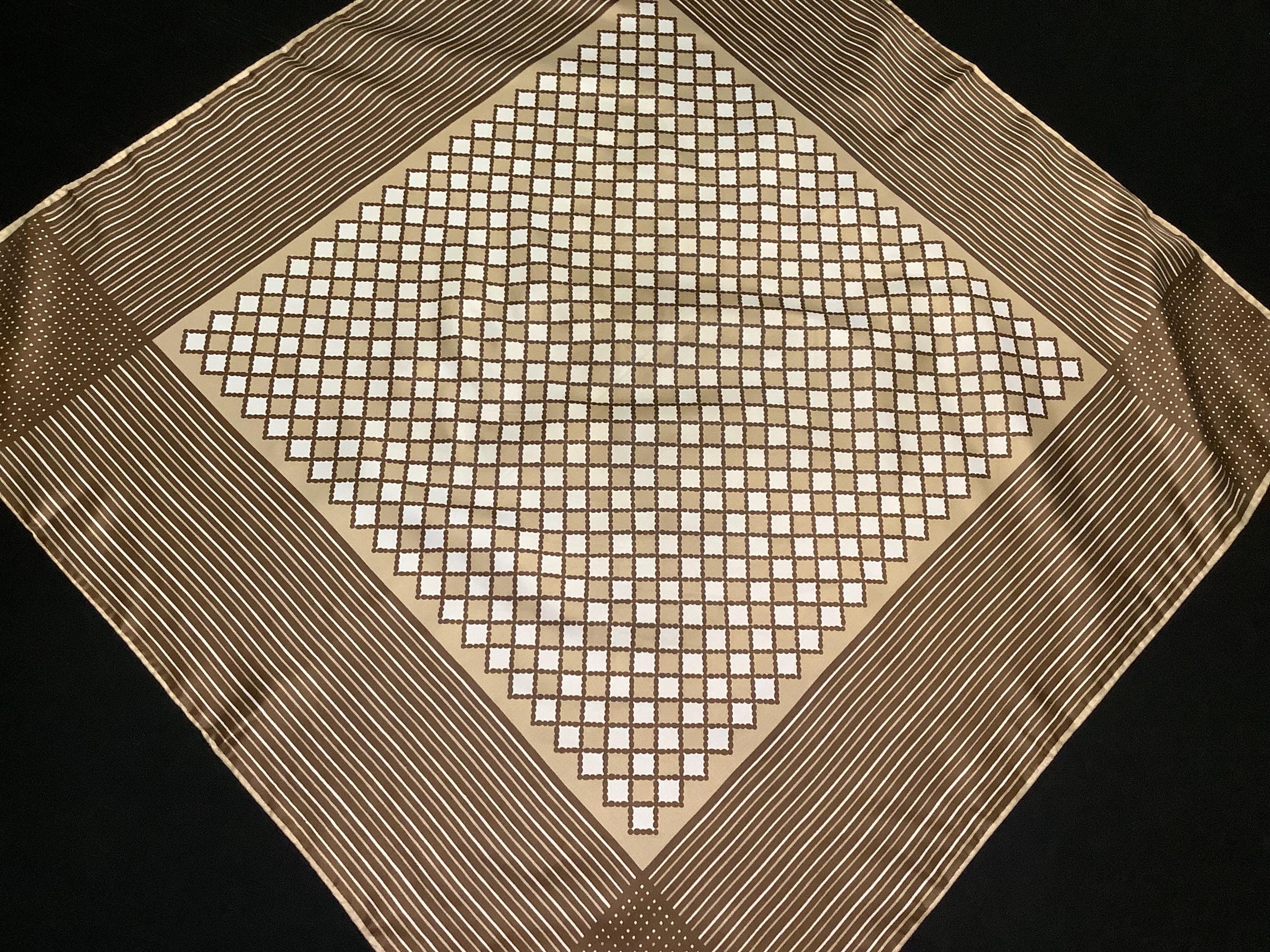Vintage LA DEAR Square Scarf Neckerchief in Beige Brown White