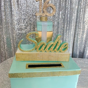 Beautiful Card Box with custom glittered name riser and any age birthday, Quince, Mitzvah, Sweet 16