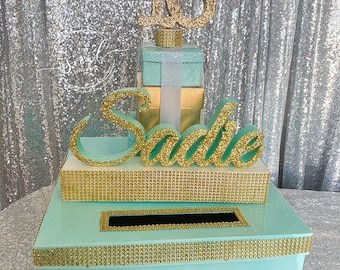 Beautiful Card Box with custom glittered name riser and any age birthday, Quince, Mitzvah, Sweet 16