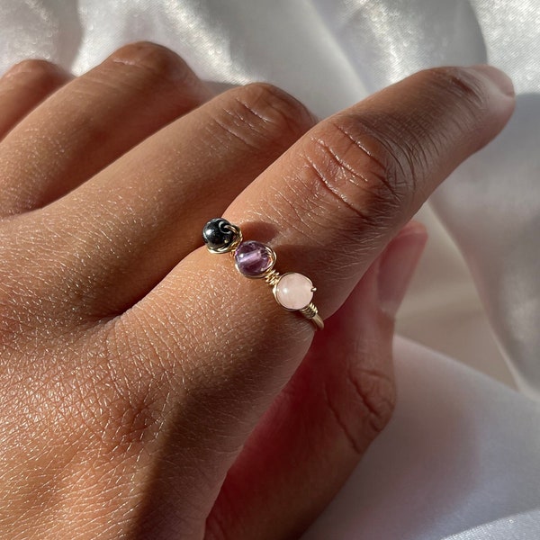 Empath Protection Ring, Energy Protection, Adjustable Ring, Amethyst, Rose Quartz, Hematite Ring, Adjustable Ring, Crystal Rings