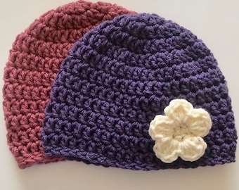 Baby Crocheted Hat With Flower,  Baby crocheted beanie hats, Baby Winter Hat,