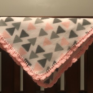 Crocheted Edged Baby Blanket, PInk And Gray Baby Blanket, Fleece Baby Blanket