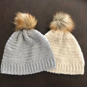 Crocheted Women&#39;s Winter Hat, Faux Fur Pom Pom Hat, Pom Pom Beanie