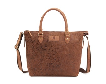 Chrystie Leather Tote Bag, Floral Embossed, Brown, Office Bag for Women, Gift for Her, Christmas Gift