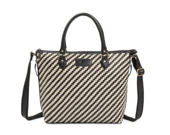 Chrystie Leather Tote Bag, Diagonal Weave, Black & White, Office Bag for Women, Gift for Her, Christmas Gift
