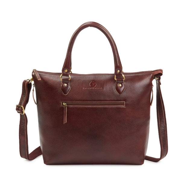 Chrystie Leather Tote Bag, Pebbled Leather, Maroon, Office Bag for Women, Gift for Her, Christmas Gift