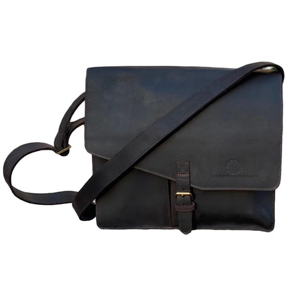 Sac messager Gotham City en cuir, sac de bureau, sac porte-documents, sac pour ordinateur portable, cuir de buffle pull-up, Crazy Horse noir-brun