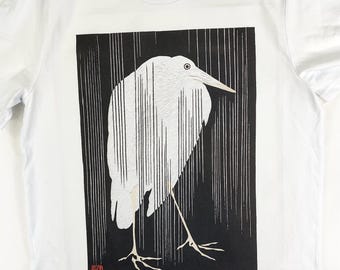 Heron In The Rain T-Shirt Organic Cotton, Historic Japanese Art, Kawanabe Kyosai