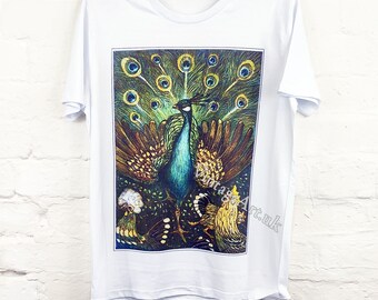 Peacock With Chickens c1900 T-Shirt, Adult Unisex Organic Cotton, Vintage Japanese Art Clothing