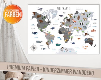 Children's room world map poster with more than 50 animals I Colorful animal world map wall decoration for boys and girls I High-quality print - white