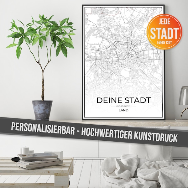 Stadt Karte Personalisierbar - Poster mit hochauflösendem Druck - Kunstdruck "Made in Germany" auf Qualitäts-Papier - Geschenkidee City Map