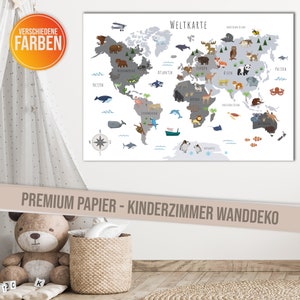 Kinderzimmer Weltkarte Poster mit mehr als 50 Tieren I Bunte Tierweltkarte Wanddeko für Jungen und Mädchen I Hochwertiger Druck - Weiss