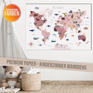 Kinderzimmer Weltkarte Poster mit mehr als 50 Tieren I Bunte Tierweltkarte Wanddeko für Jungen und Mädchen I Hochwertiger Druck - Rosa