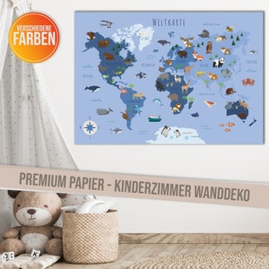 Kinderzimmer Weltkarte Poster mit mehr als 50 Tieren I Bunte Tierweltkarte Wanddeko für Jungen und Mädchen I Hochwertiger Druck - Blau