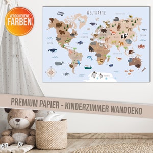 Kinderzimmer Weltkarte Poster mit mehr als 50 Tieren I Bunte Tierweltkarte Wanddeko für Jungen und Mädchen I Hochwertiger Druck