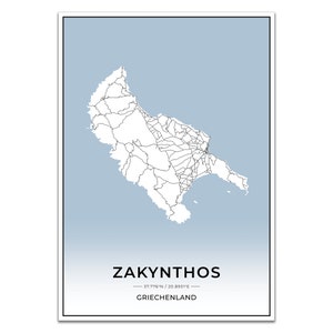 Insel Karten Poster Zakynthos mit Koordinaten