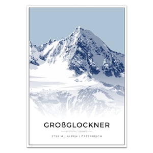 Puede incluir: Un póster minimalista con una ilustración azul y blanca de la montaña Grossglockner en Austria. El póster incluye el nombre de la montaña, las coordenadas y la altitud: "GROSSGLOCKNER - 47.0741°N / 12.6946°E - 3798 M ALPEN | ÖSTERREICH"