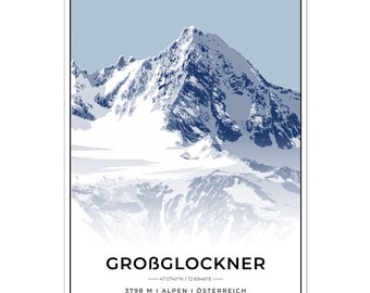 Póster Montañas Großglockner con coordenadas