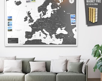 Póster magnético blanco mapa europeo VACENTURES tamaño original XL y XXL con imanes incluidos