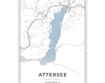 Póster de mapas del lago Attersee con coordenadas.