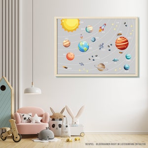 Kinderkamerruimteposter I Ontdek kleurrijke planeten, raketten en UFO's in de ruimte I Kinderposter voor galactische avonturen I Wit