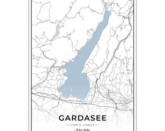 Cartel de mapas de lagos Lago de Garda con coordenadas