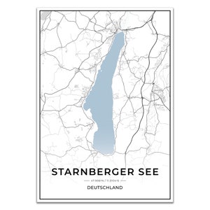 See Karten Poster Starnberger See mit Koordinaten