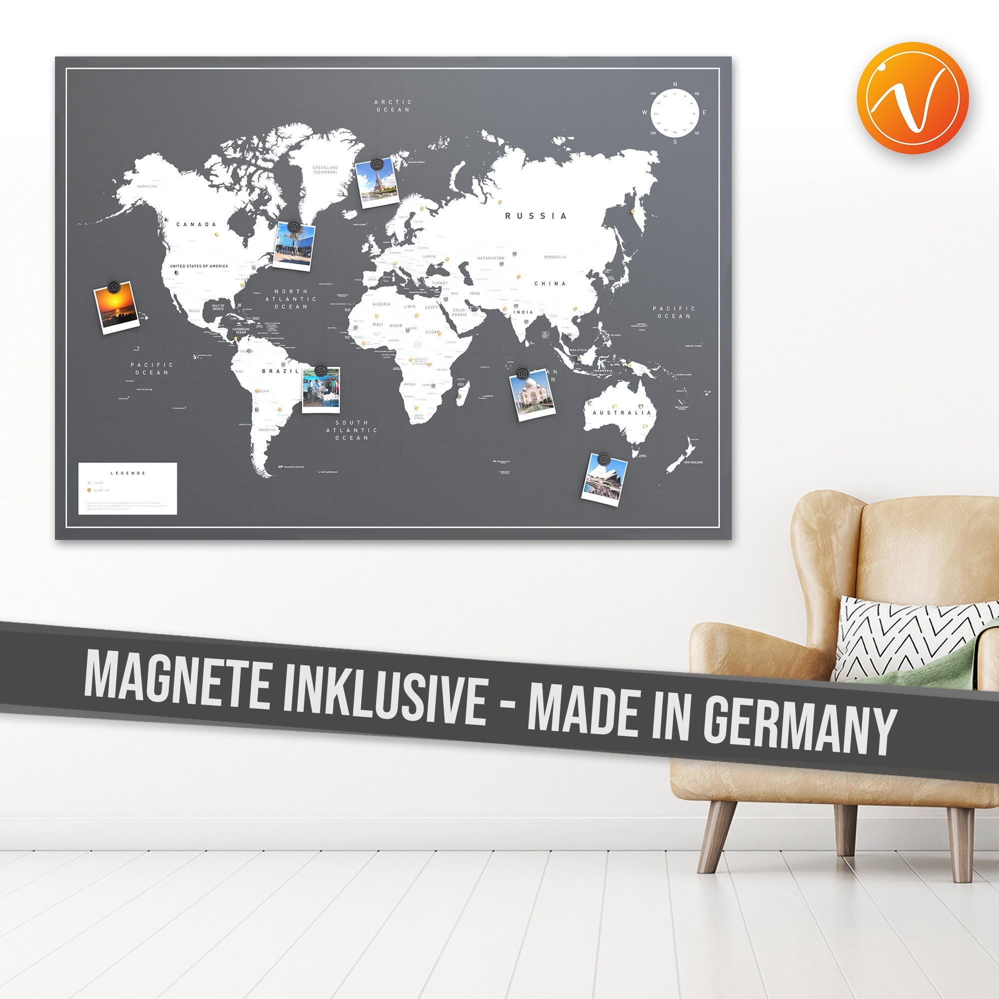 World Map Framed W33xH22 Black Patented Magnetic Back w/30 Pins