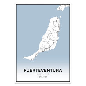 Insel Karten Poster Fuerteventura mit Koordinaten