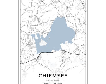 Póster de mapas del lago Chiemsee con coordenadas.