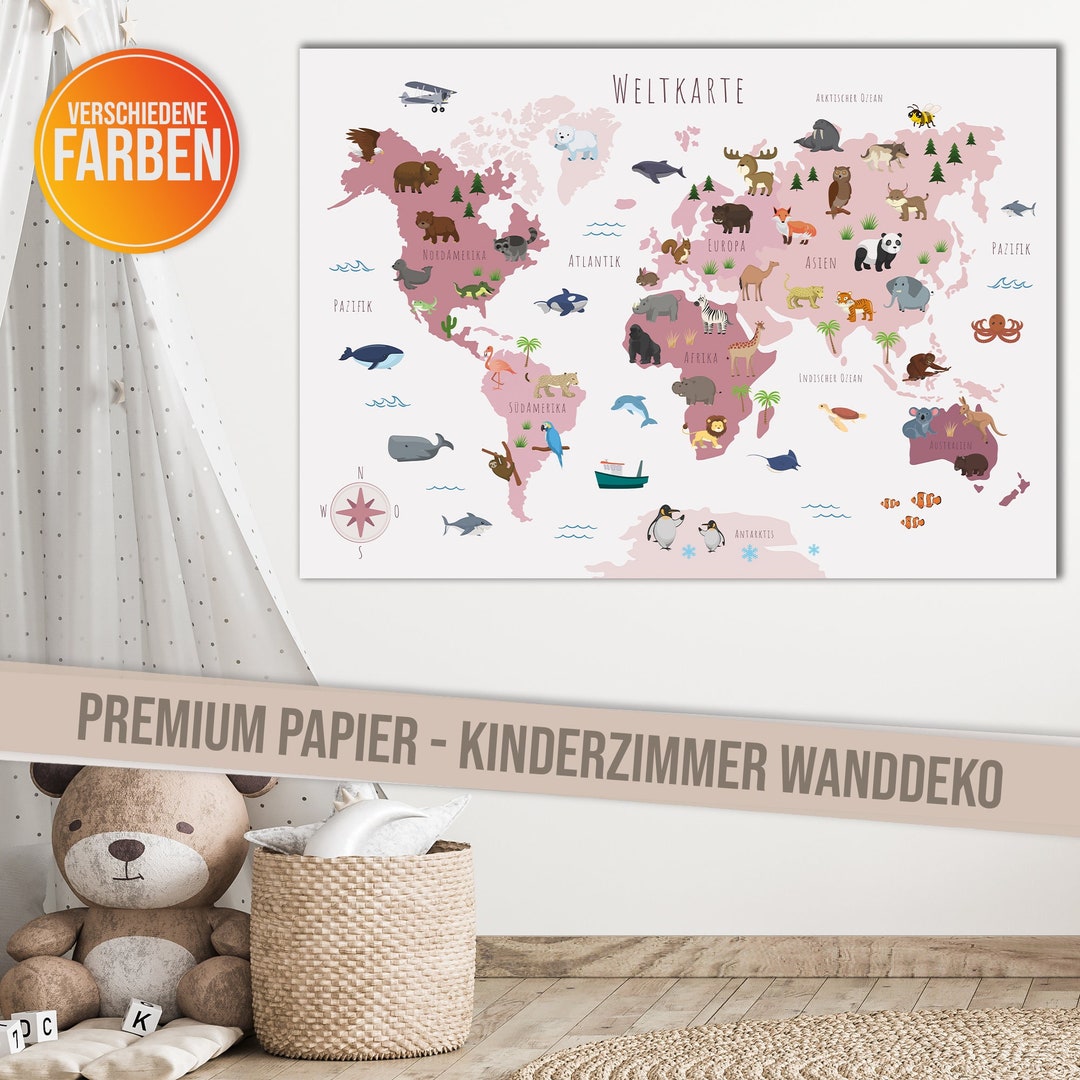  Children's Room World Map Poster With More Than 50 Animals I Colorful 