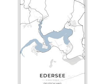 Póster de mapas del lago Edersee con coordenadas.