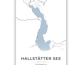 Póster de mapas de lagos Hallstätter See con coordenadas