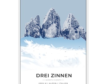 Póster Montañas Drei Zinnen con coordenadas