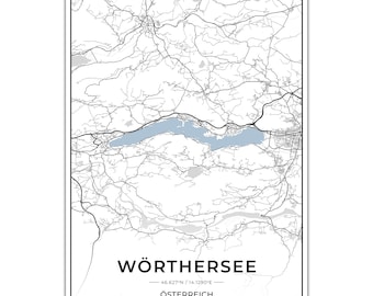 Póster de mapas del lago Wörthersee con coordenadas