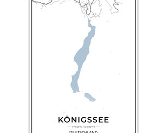 Póster de mapas del lago Königssee con coordenadas
