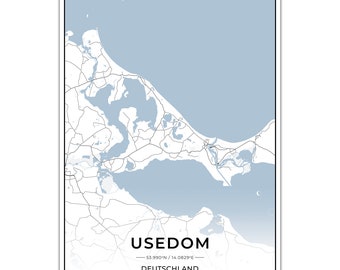 Póster de mapas de islas de Usedom con coordenadas.
