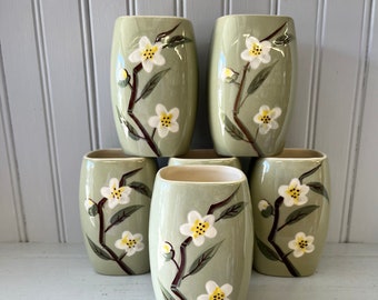 Set of Six Weil Ware Malay Blossom Tumblers in Celedon Green