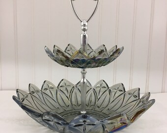 Federal Glass Smoke Iridescent Two-Tiered Server
