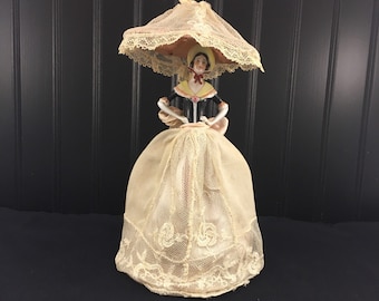 German Porcelain Half Doll Boudoir Lamp - Lady w/Parasol