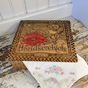 Antique Pyrography Wooden Handkerchief Box