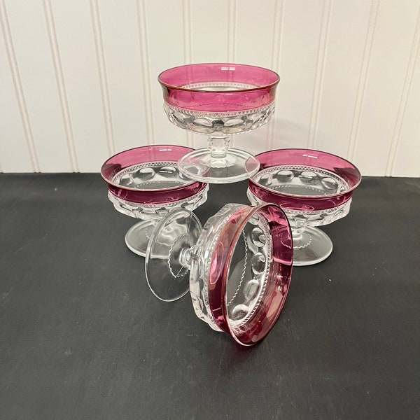 Set of Four Kings Crown Cranberry Stain Sherbet Dishes by Indiana Glass