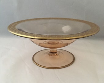 Elegant Pink Depression Glass Footed Compote w/Etched Gold Trim