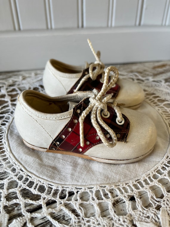 Red Plaid Leather Baby Dear Cameos Baby Shoes