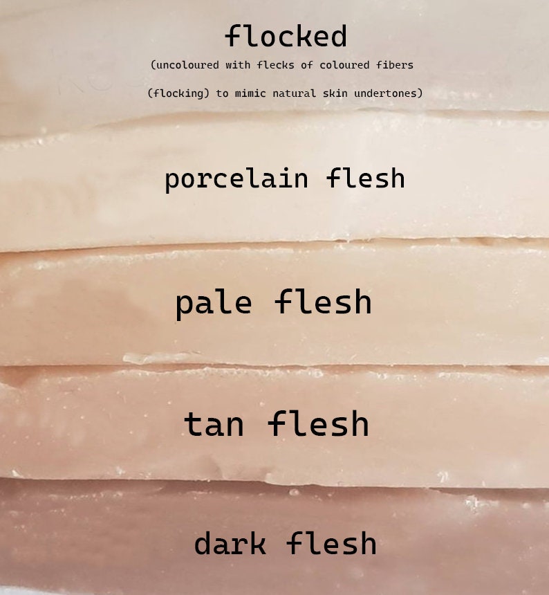 May include: Five samples of flocked material in different shades of flesh tones, labeled "porcelain flesh", "pale flesh", "tan flesh", and "dark flesh".