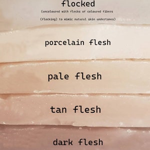 A close-up of layered, flesh-toned materials with text labels. The layers range in colour from pale to dark, with labels such as "porcelain flesh," "pale flesh," "tan flesh," and "dark flesh." The top layer is labelled "flocked."