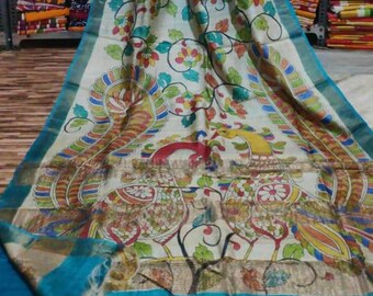 Kalamkari Hand Paint On Zari Boder Tassar Silk Saree Hand Painted Zari Boder On Premium Zari Boder Tassar Silk Kalamkari Tussar Silk Sare