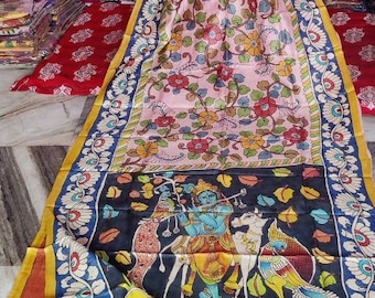 Hand Paint Kalamkari Design On Bishnupuri Tassor Silk With Blouse Piece Bishnupuri Tassor Silk With Kalamkari Hand Painted Work Saree