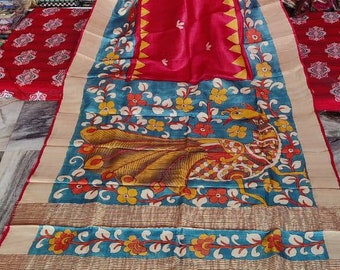 Kalamkari Hand Paint On Bishnupuri Zari Boder Tassar Silk Saree Hand Painted Zari Boder On Bishnupuri Tassor Silk Tassar Silk Kalamkari