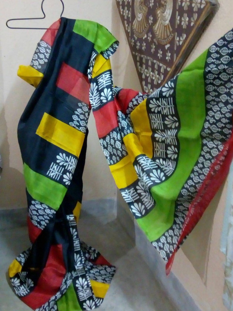 Indian Hand Painted Block Artwork On Indian Silk Saree With Blouse Piece Soft Murshidabadi Hand Printed 3ply Silk Murshidabadi Silk